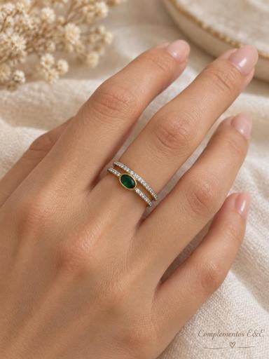 Anillo ajustable dorado con cristal verde y detalles de brillo [0]