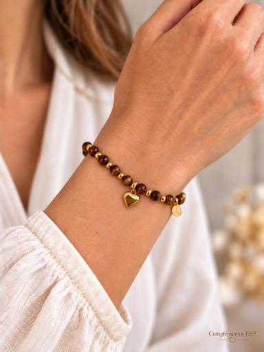 Pulsera de cuentas marrones con detalles dorados y colgante de corazón [1]