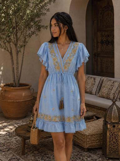 Vestido corto azul con escote en pico [2]