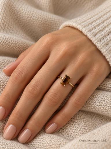 Anillo fino de acero dorado ajustable con piedra marrón rectangular [0]