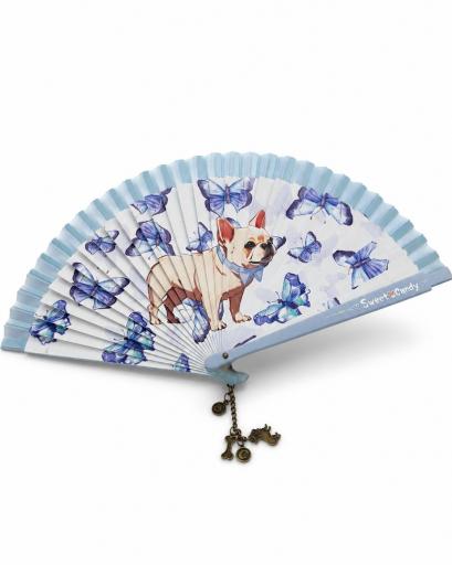 Abanico plegable azul con diseño ilustrado y colgante [1]