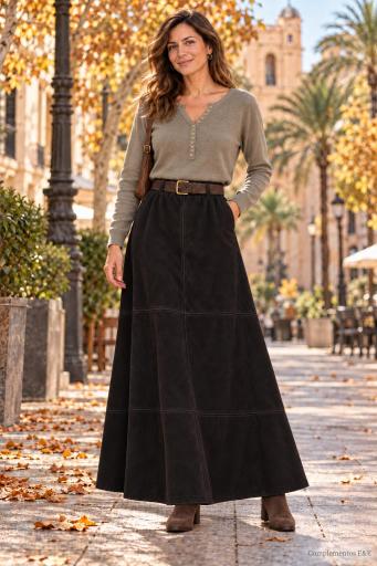 Jersey de punto kaki con botones combinado con falda larga negra. [1]