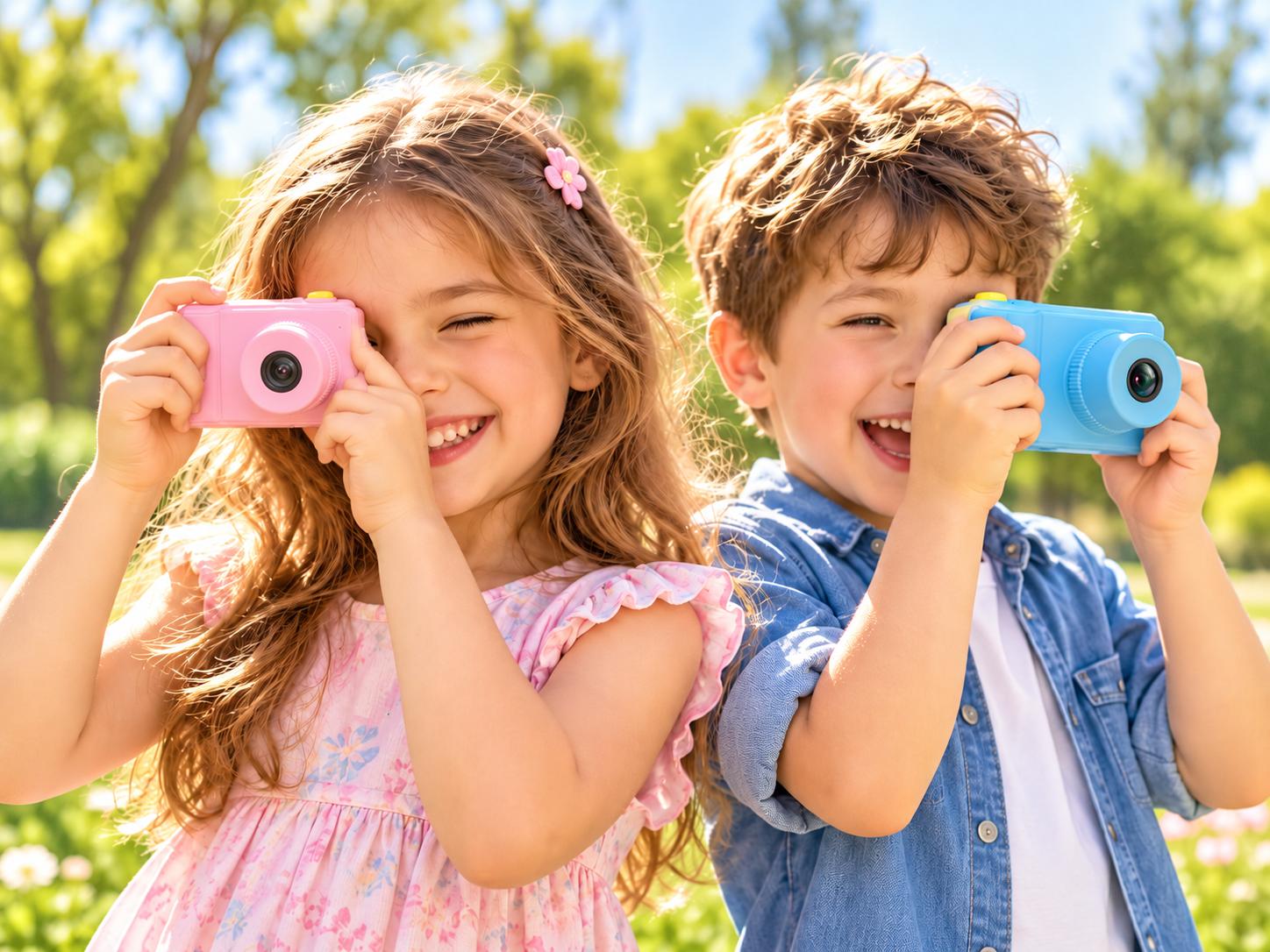 Cámara de fotos digital infantil rosa con pantalla y botones amarillos