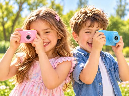 Cámara de fotos digital infantil rosa con pantalla y botones amarillos [0]