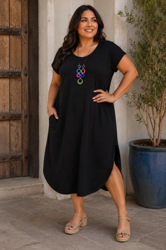 Vestido curvy negro midi con bolsillos [0]