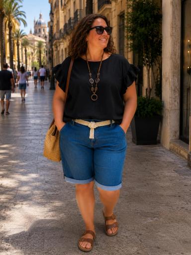 Camiseta negra de manga corta con volante para mujer curvy [0]