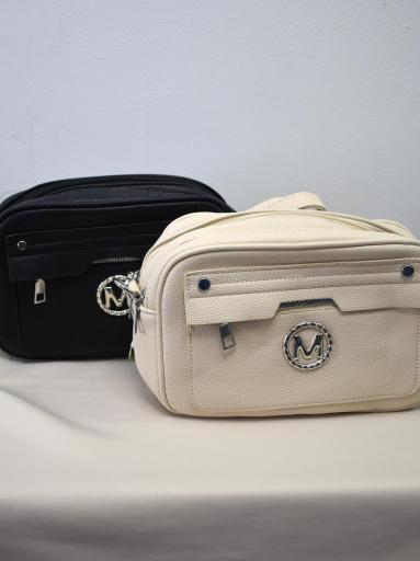 bolso bandolera negro y beige con correa ajustable diseño moderno [1]