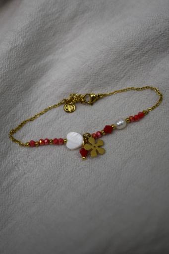 pulsera acero roja dorada mujer con flor [0]