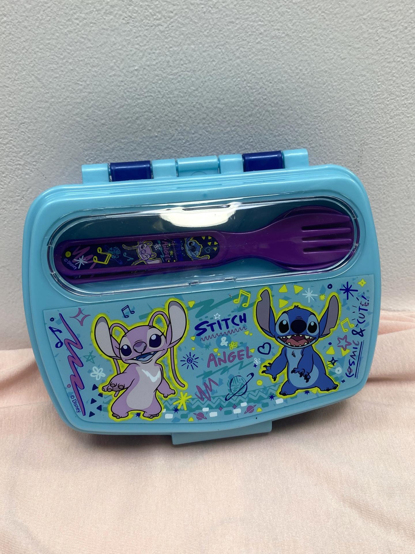 Fiambrera azul Stitch y Angel con tenedor y cuchara