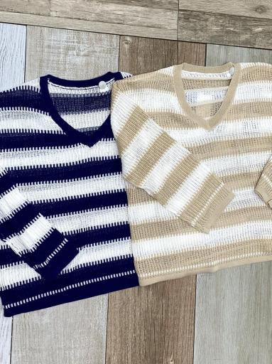 jersey rayas mujer cuello pico beige [2]