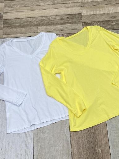 Camisetas de algodón manga larga mujer blanco y amarillo escote pico [1]