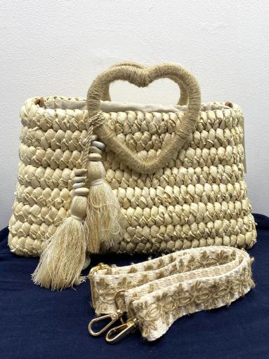 Bolso de rafia natural con bandolera ajustable de tela [2]