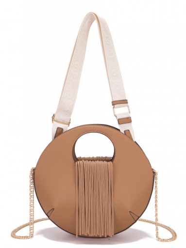 Bolso redondo camel con flecos frontales y asa circular [0]