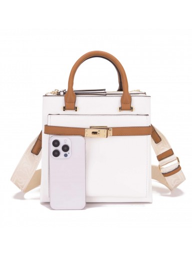 Bolso blanco estructurado con asas marrones y correa beige estampada