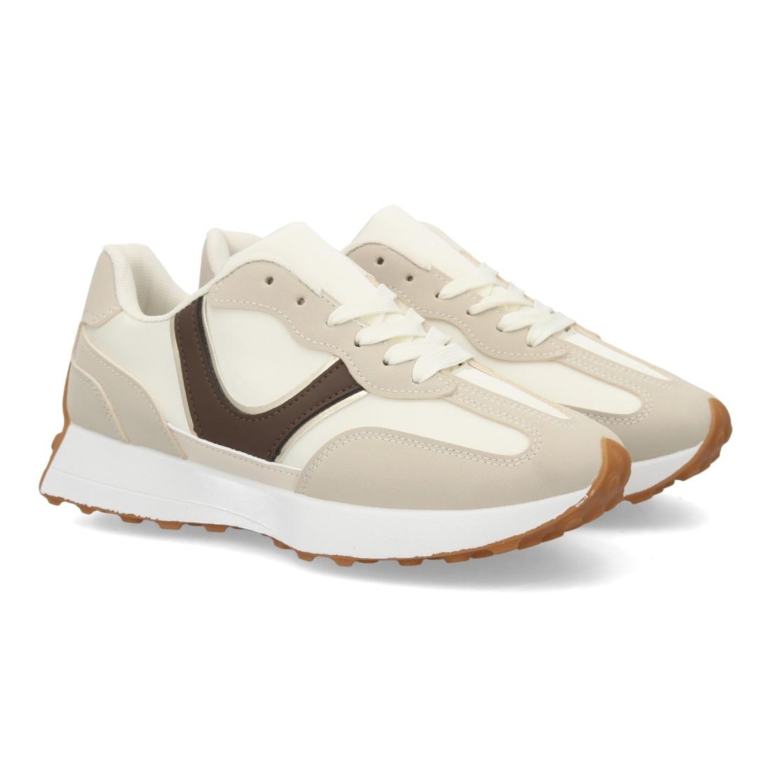 Zapatilla deportiva de mujer beige con detalle lateral marrón y suela blanca