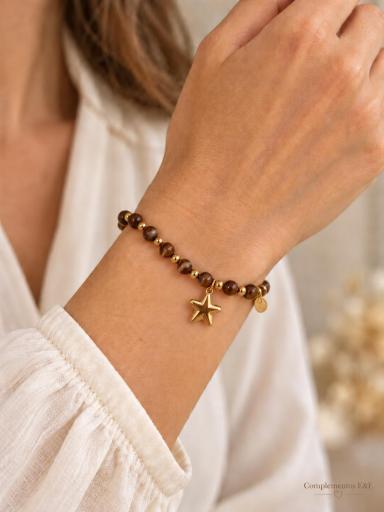 Pulsera elástica marrón con bolitas de acero dorado y colgante de estrella [2]