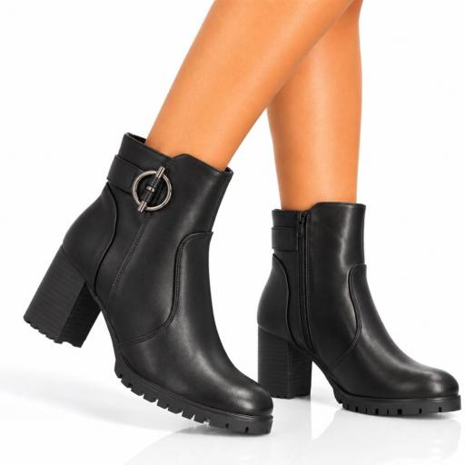 Botines negros de mujer con tacón de bloque, cremallera y hebilla circular. [3]