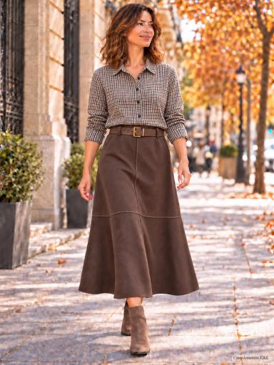 Camisa de cuadros mujer marrón con botones y manga recogible