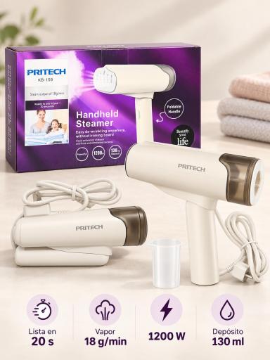 Mujer utilizando plancha vertical PRITECH para quitar arrugas de una blusa [2]