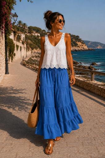 Falda larga azul de mujer con cintura elástica cómoda [1]
