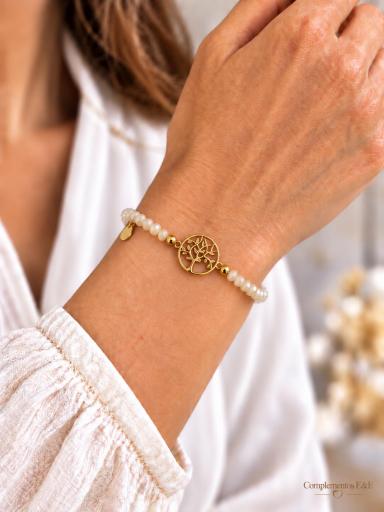Pulsera elástica beige con cuentas facetadas y Árbol de la Vida dorado [2]