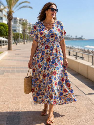 Vestido floral azul largo con manga corta y bolso de rafia [2]