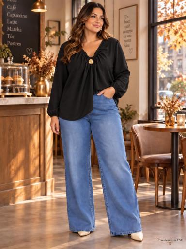 Blusa curvy marrón manga larga para mujer [1]