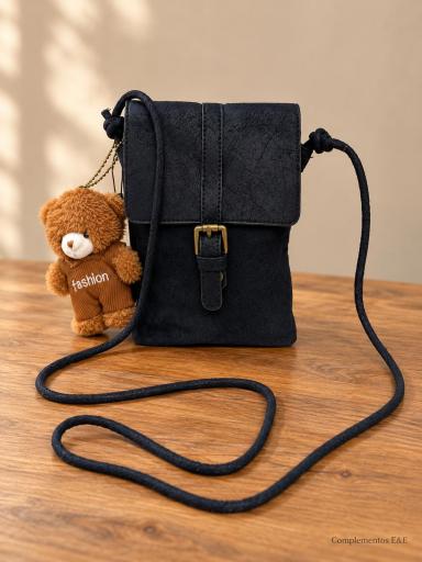 Bolso bandolera negro con correa larga y colgante de osito [2]