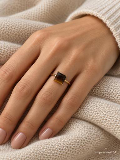 Anillo de acero dorado con piedra marrón cuadrada facetada, elegante y ajustable [2]