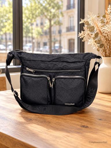 Bolso bandolera grande negro animal print con bolsillos delanteros de cremallera y correa ancha [0]