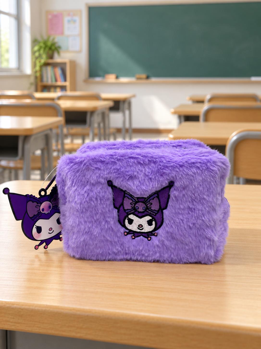 Estuche Kuromi peludito morado amplio con cremallera