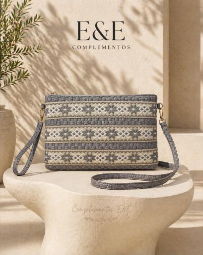 Bolso de mujer con estampado étnico en tono gris y asa larga [3]