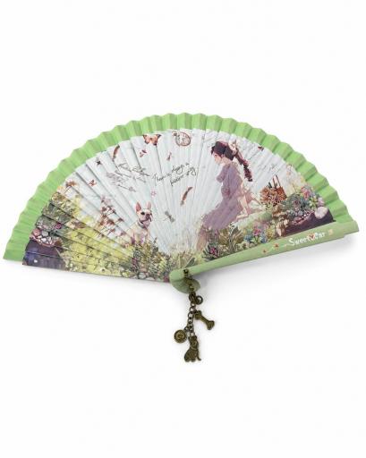 Abanico plegable verde menta con ilustración romántica [1]