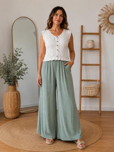 Pantalón fluido verde mujer estilo palazzo [3]