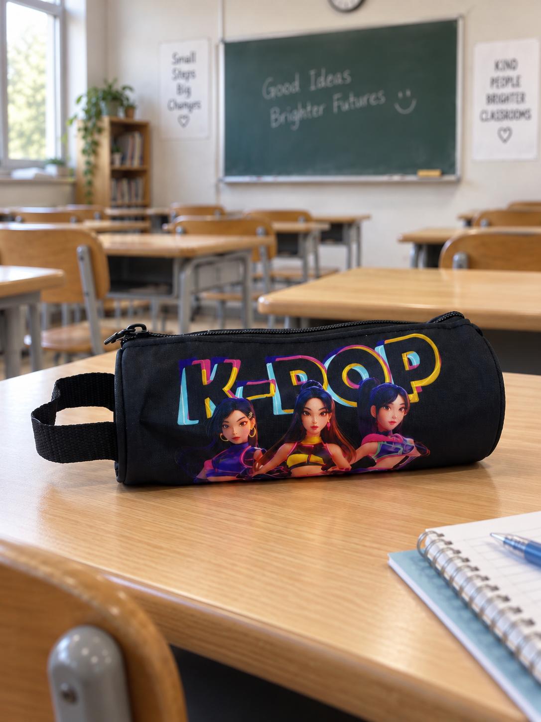 Estuche K-Pop amplio negro con asa lateral
