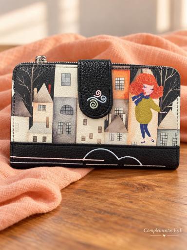 Monedero grande negro con diseño estampado [1]