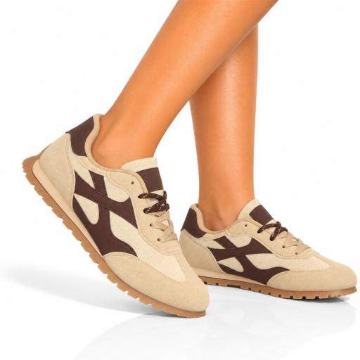 Zapatillas deportivas de mujer retro en beige y marrón con cordones y suela caramelo [0]