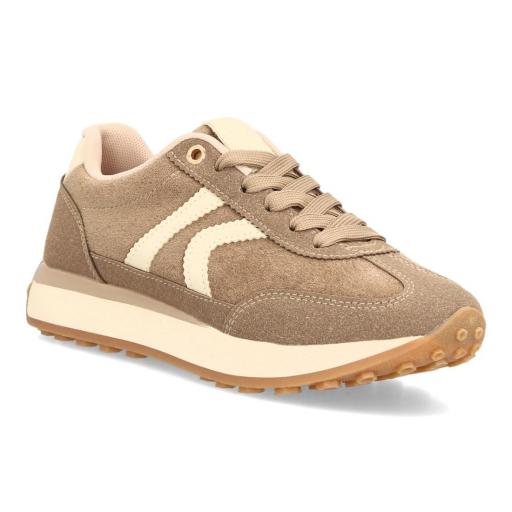 Zapatillas deportivas retro de mujer en kaki y crema con cordones y suela color caramelo. [2]