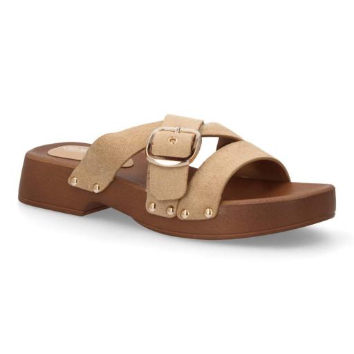 Sandalias plataforma mujer beige con hebilla dorada
