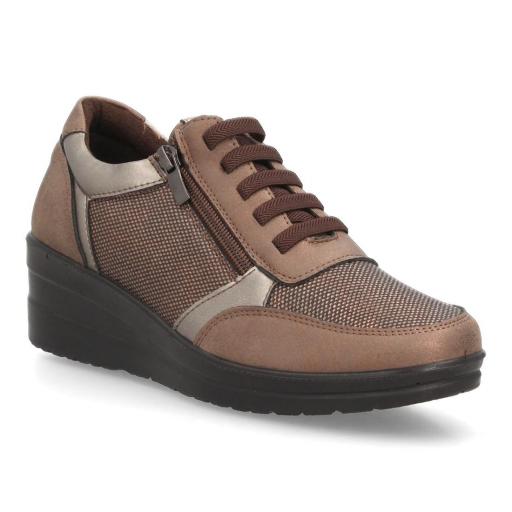Zapatillas de mujer marrones con cuña, cordones y cremallera lateral [2]