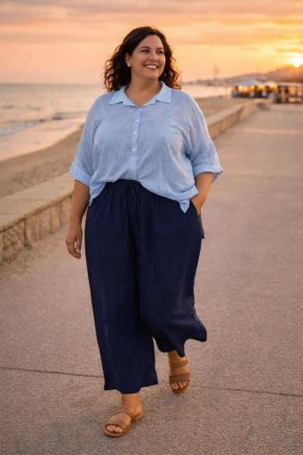 Pantalón curvy azul ancho con cintura elástica outfit cómodo y elegante mujer [1]