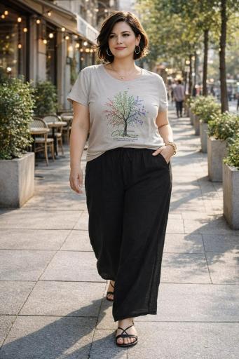 Pantalón curvy negro ancho con cintura elástica look casual urbano mujer cómodo [2]