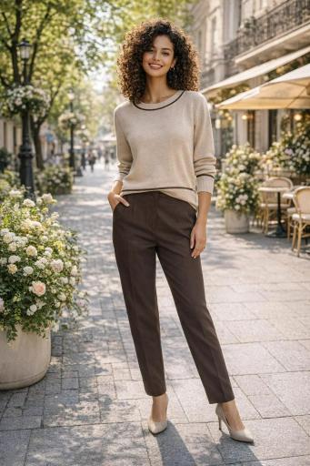 Pantalón marrón recto mujer con jersey beige outfit sofisticado femenino [0]