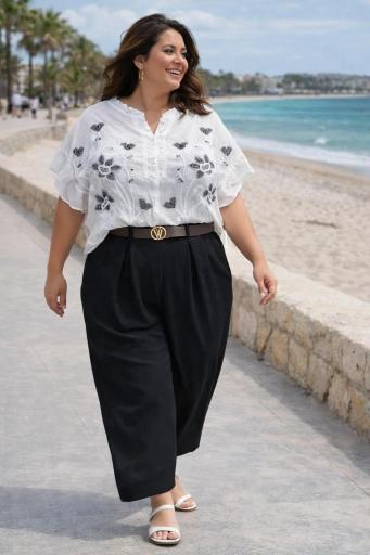 blusa bordada boho mujer blanca con flores negras ligera verano [0]