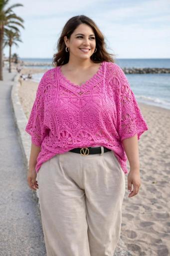 Jersey calado mujer rosa con diseño crochet y escote en pico [2]