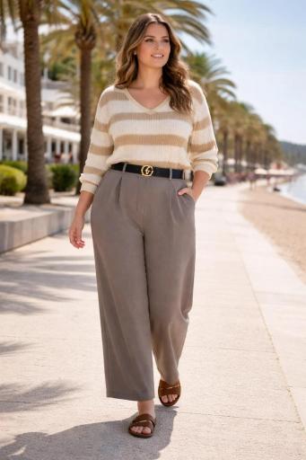 Pantalón de traje curvy gris camal ancho con cinturón elegante mujer [0]