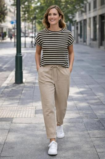 camiseta rayas mujer marron manga corta outfit primavera beige [2]