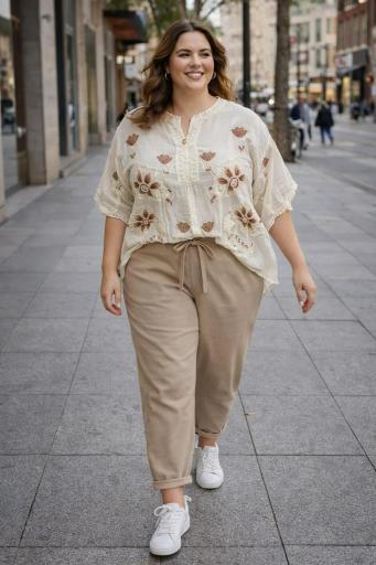pantalon comfy mujer talla grande beige look relajado primavera [3]