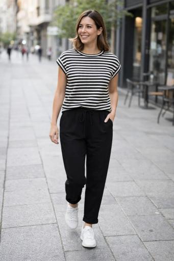 camiseta rayas mujer negra manga corta look casual urbano [1]