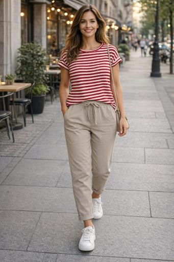 camiseta rayas mujer roja manga corta look casual con pantalon [0]